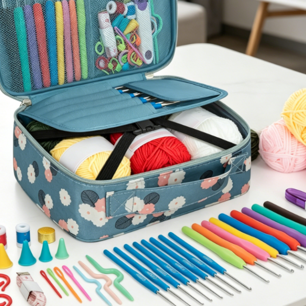 Blue Floral-Themed Crochet Kit (Portable)